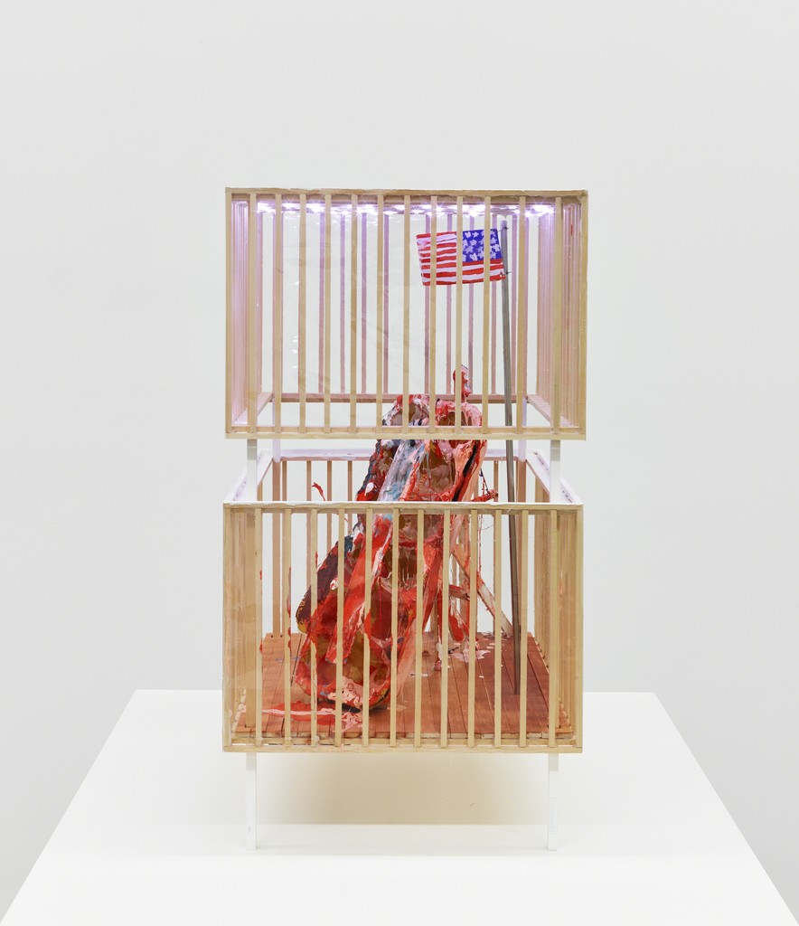 American Monument, 2018 | Glass, wood, LED lights, cardboard, watercolor, cel vinyl, Flashe, stainless steel, plastic, sulfur, wire, 22 x 12 x 12 in