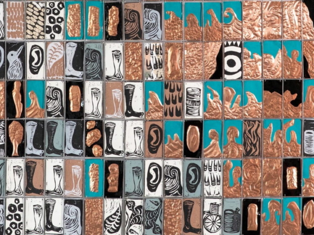 Untitled Map With Bodily Annotations (detail), 2025, relief print, hammered copper, steel fencing, aluminum wire, enamel, paper, railroad board, acrylic, paper, 58 x 58 in | Photo: Nicholas Lea Bruno